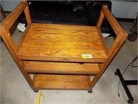 OAK  WOOD MICROWAVE STAND ON WHEEELS, GOOD