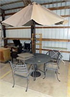 PATIO UMBRELLA, 4  METAL CHAIRS, MESH  TABLE AND