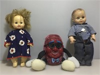 Assorted dolls and plush California Raisin plush.