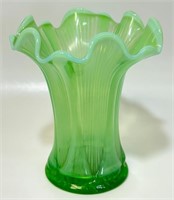 GREAT 1930'S GREEN VASELINE GLASS RUFFLED VASE