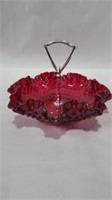 Fenton red hobnail glass serving dish 5.5in tall