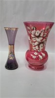 2 hand painted vases purple vase 7in tall and