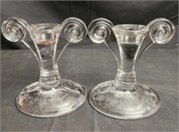 Pair of etched glass candlestick holders