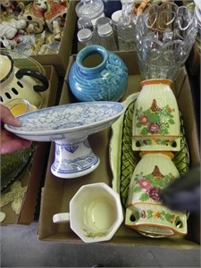 Box Lot with Pedestal Cake Plate, Vases, Etc.