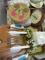 Lot of Sconces, Clock, Basket of Sewing Notions,