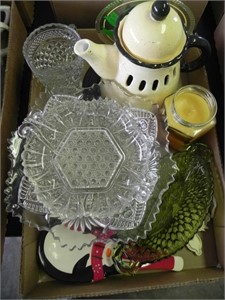 Box Lot with Tea Pot, Candle, Candy Dishes, Etc.