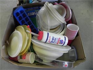 Box of Plastic Bowls, Paper Cups, Ice Cube Trays,