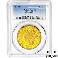 1873 $20 Gold Double Eagle PCGS AU58 Closed 3