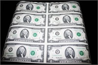 Uncut Sheet (8) $2.00 Dollar Bills Face $16.00