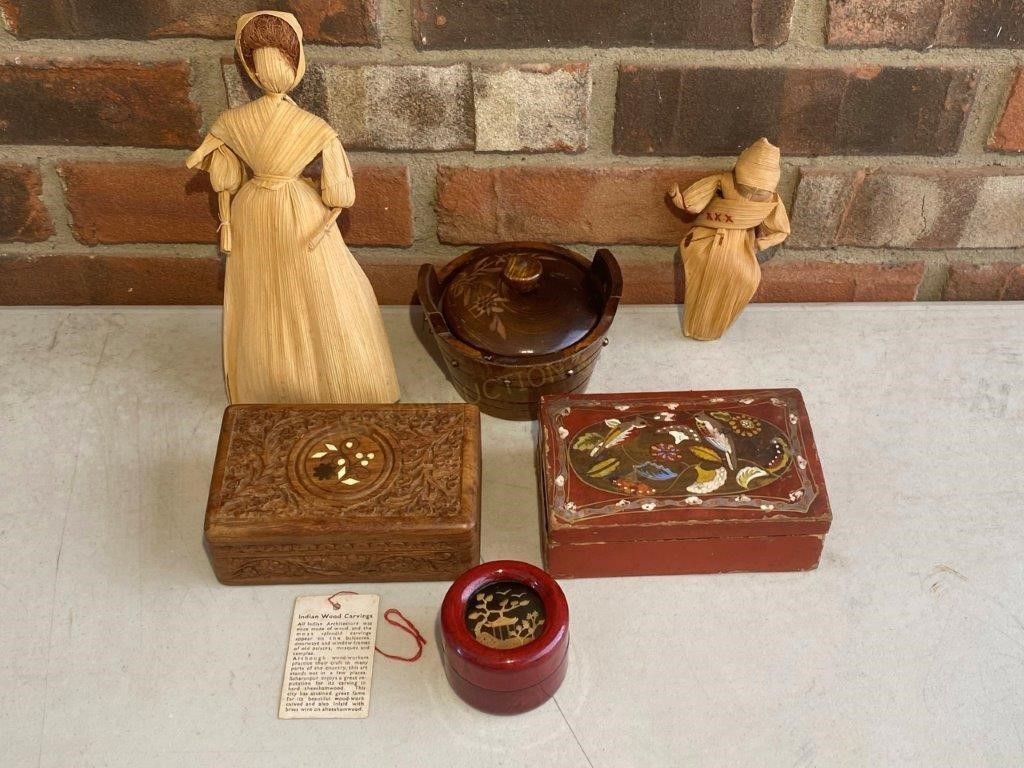 Carved Trinket Boxes, Corn Husk Dolls etc