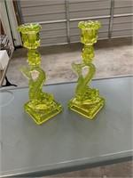 Pair of Vaseline Glass Candle Stick Holders