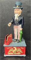 (W) Vintage Uncle Sam Cast Iron Coin Bank.