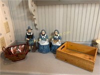 Pilgrim Figurines, Wooden Crate, and Fall Basket