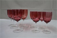 Cranberry wine glasses, five 6.5" & four 5.75"H