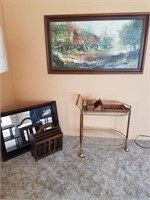 SHADOW BOX, SERVING CART (BRASS), MAGAZINE RACK +