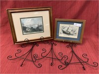 2 nautical prints and 5 metal easels