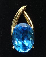 10K Yellow gold large oval cut blue topaz pendant,