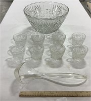 Glass punch bowl w/ glasses & plastic spoon