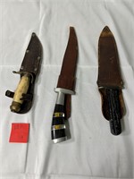 Three Vintage Knives with Leather Cases