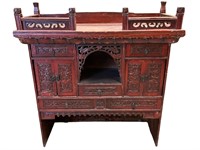 Chinese Red Ornate Carved Cabinet w Doors, Drawers