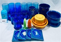 Fiesta Ware, Signed Pottery Piece & Blue Glassware