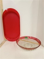 Red Rim Cut Glass Bowl & Red Plastic Tray