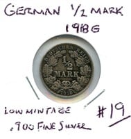 German 1/2 Mark 1918G - .900 Fine Silver, Low