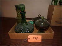 GREEN DECANTER & CANDY DISHES