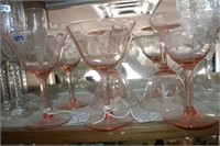 LOT OF EIGHT ETCHED PINK GLASS WINE GLASSES
