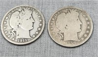 2 Barber Half Dollars, 1899, 1911, 90% silver