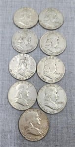 9- Franklin Halves, various dates, 90% silver