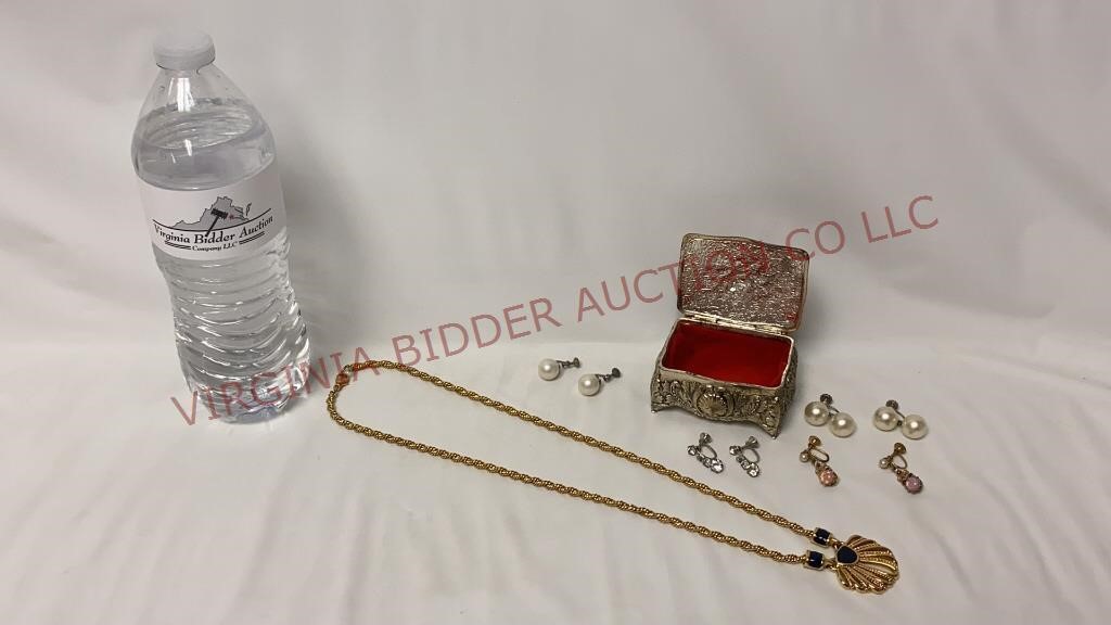 Screw-Back Earrings, Monet Necklace & Casket Box