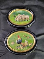 VTG Sheep & Chicken Mini Oval Framed Art