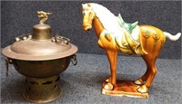 Asian Dragon Decorated Hot Pot & Horse Statue