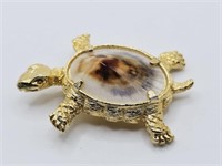 Vintage Gold Tone Real Shell Turtle Brooch