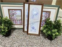 Framed bird pictures, artificial plants and more