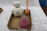 PIGGY BANK AND GLASSWARE, VASE