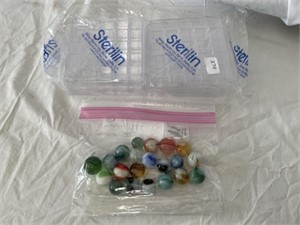 Lot of 21 Marbles and 4 Plastic Storage Containers