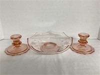 Pink Depression Glass Console Bowl & Candlesticks