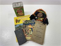 Tin, Native American Doll, Books (1937 Almanac)