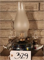 Oil Lamp (marbles in font), (2) Moss Rose Lamps