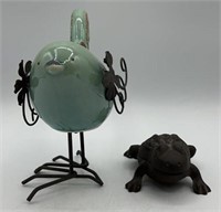 Cast Iron Frog Trinket Dish & Ceramic Bird W/
