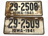 (2) Consecutive Number 1941 Iowa License Plates