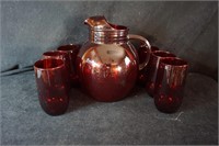 Ruby Red Pitcher with Six Glasses