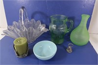 Glass Pitcher, Glass Bowl w/ Handle, Candle &
