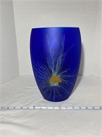 Blue Stained Glass Vase with Peacock Design