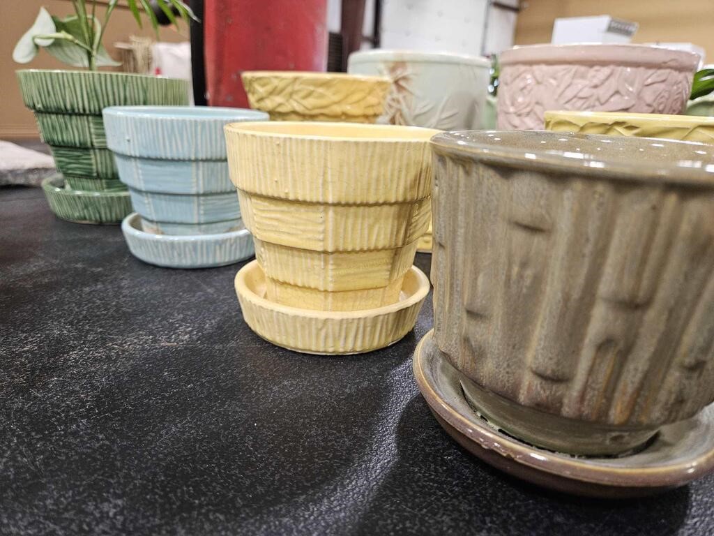 3 - MC COY POTTERY BASKETWEAVE FLOWER POTS