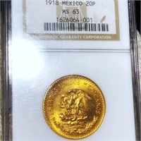 1918 Mexican Gold 20 Pesos NGC - MS63
