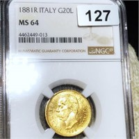 1881-R Italian Gold 20 Lire NGC - MS64
