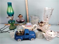 Oil lamps, tea pot, pressed glass lamp